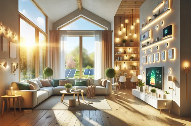 Иллюстрация к статье «10 эффективных советов по экономии электричества для умного дома» — современная гостиная умного дома с энергосберегающими устройствами …
