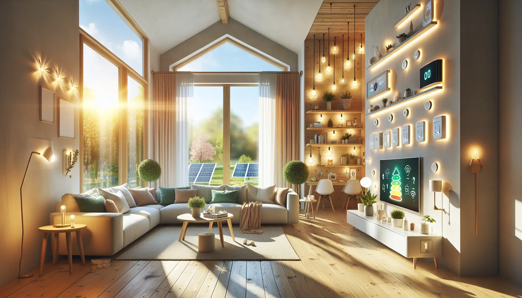 Иллюстрация к статье «10 эффективных советов по экономии электричества для умного дома» — современная гостиная умного дома с энергосберегающими устройствами …