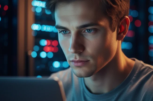 Иллюстрация к статье «15 секретных трюков с wp-config.php, которые прокачают ваш сайт» — Молодой программист славянской внешности (восточно-европейский типаж…