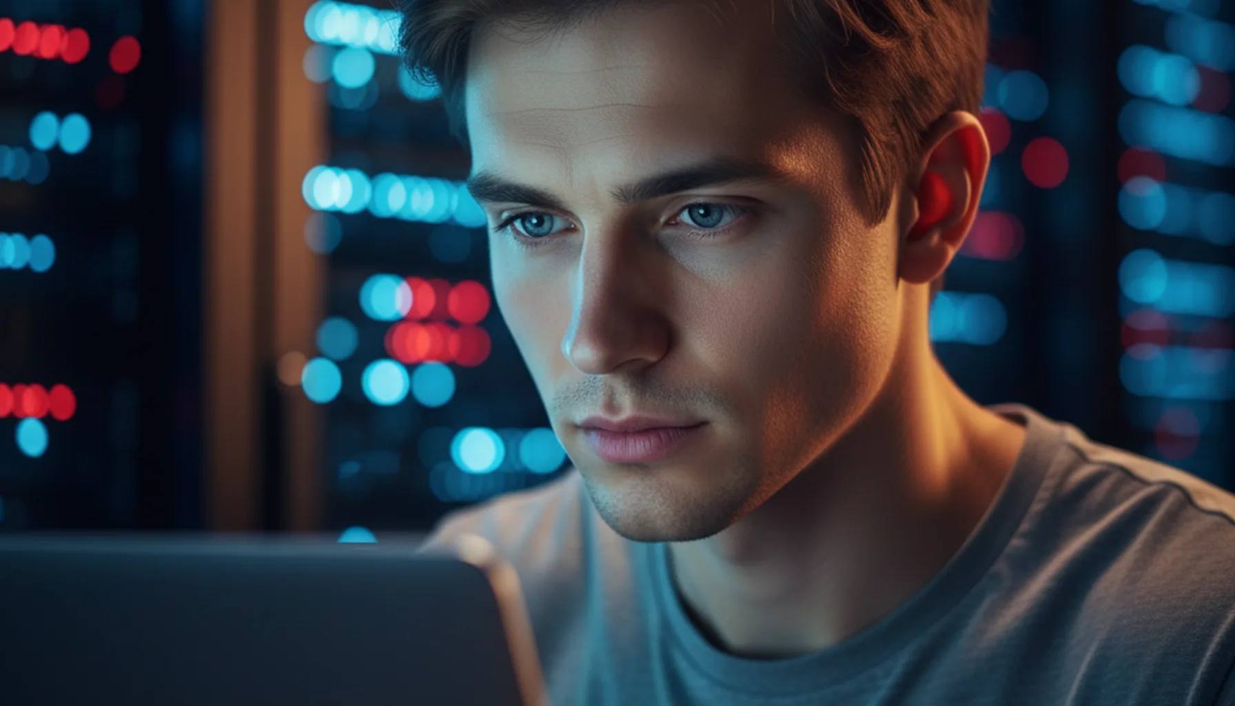 Иллюстрация к статье «15 секретных трюков с wp-config.php, которые прокачают ваш сайт» — Молодой программист славянской внешности (восточно-европейский типаж…