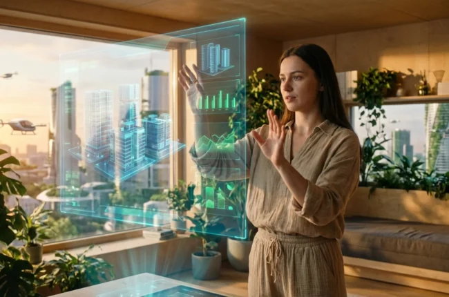 Иллюстрация к статье «AI в 2030: Как искусственный интеллект изменит вашу работу и повседневную жизнь» — Молодая женщина славянской внешности, архитектор или…