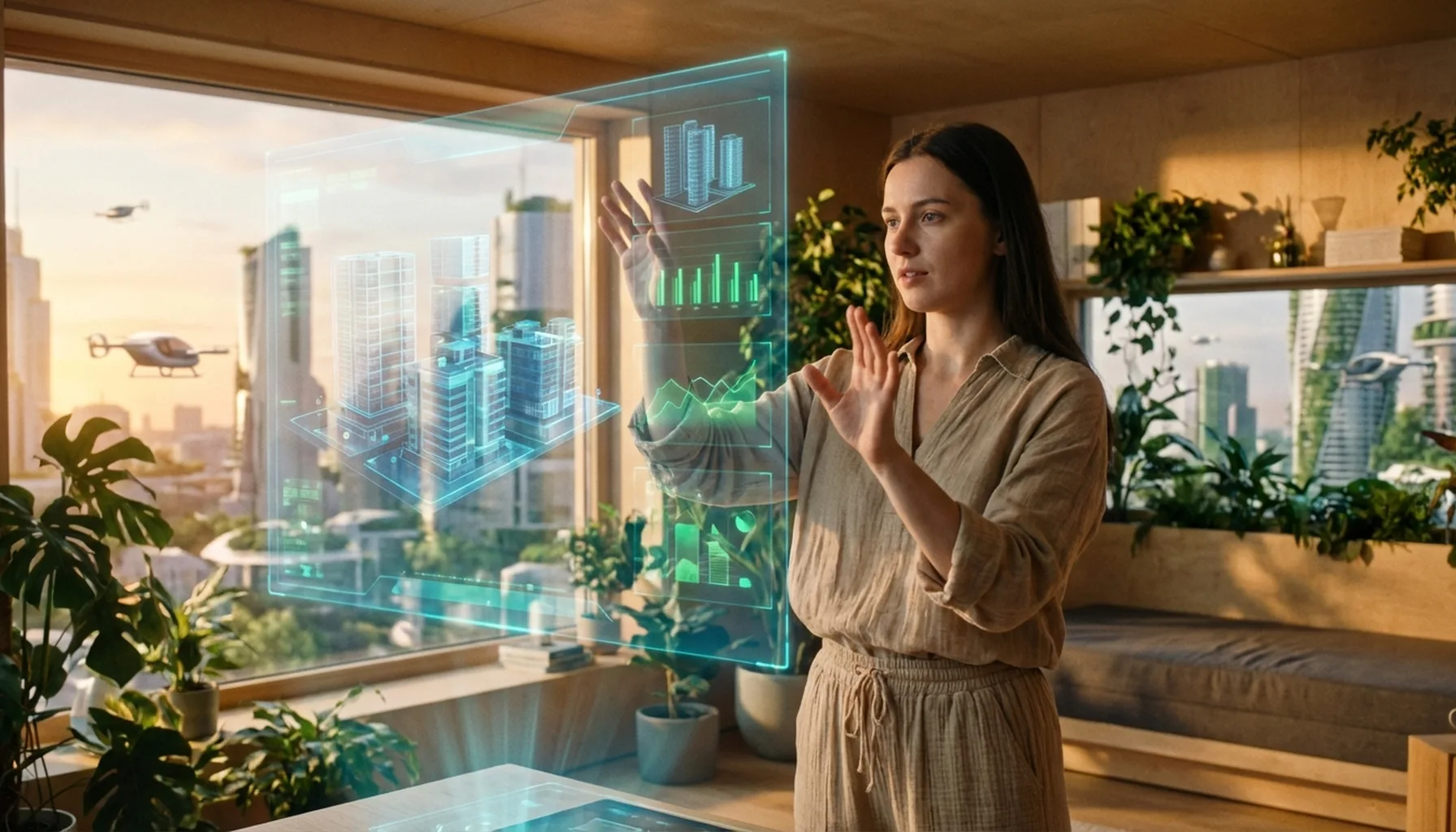 Иллюстрация к статье «AI в 2030: Как искусственный интеллект изменит вашу работу и повседневную жизнь» — Молодая женщина славянской внешности, архитектор или…