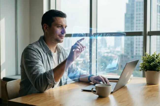 Иллюстрация к статье «AI в быту и на работе: Как искусственный интеллект меняет нашу жизнь уже сегодня» — Человек славянской внешности (мужчина или женщина, …