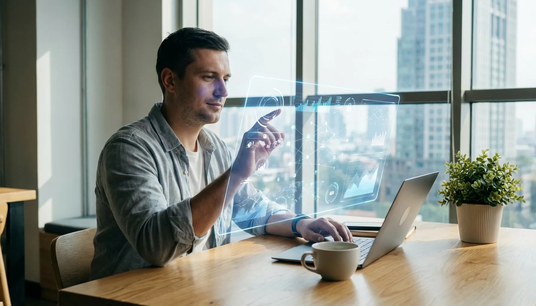 Иллюстрация к статье «AI в быту и на работе: Как искусственный интеллект меняет нашу жизнь уже сегодня» — Человек славянской внешности (мужчина или женщина, …