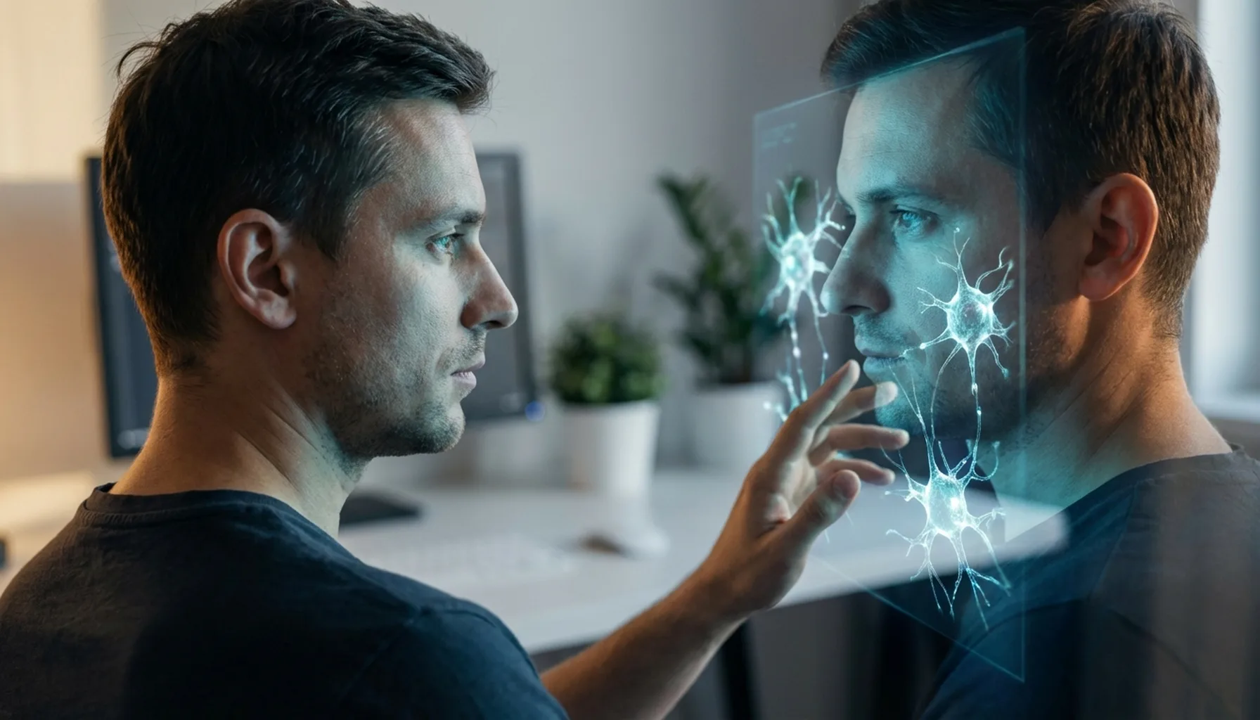 Иллюстрация к статье «AI в разработке ПО: Какую языковую модель выбрать программисту в 2025?» — Программист, мужчина славянской внешности, 30-35 лет, с задум…