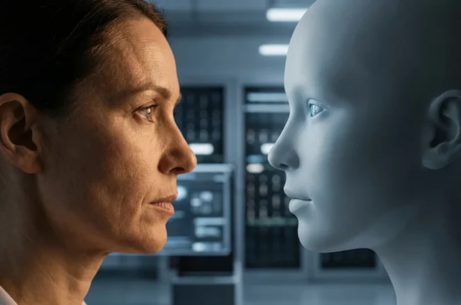 Иллюстрация к статье «AI: интеллект или имитация? Полный разбор технологии, которая изменит мир» — Женщина славянской внешности, ученый или инженер, всматрив…