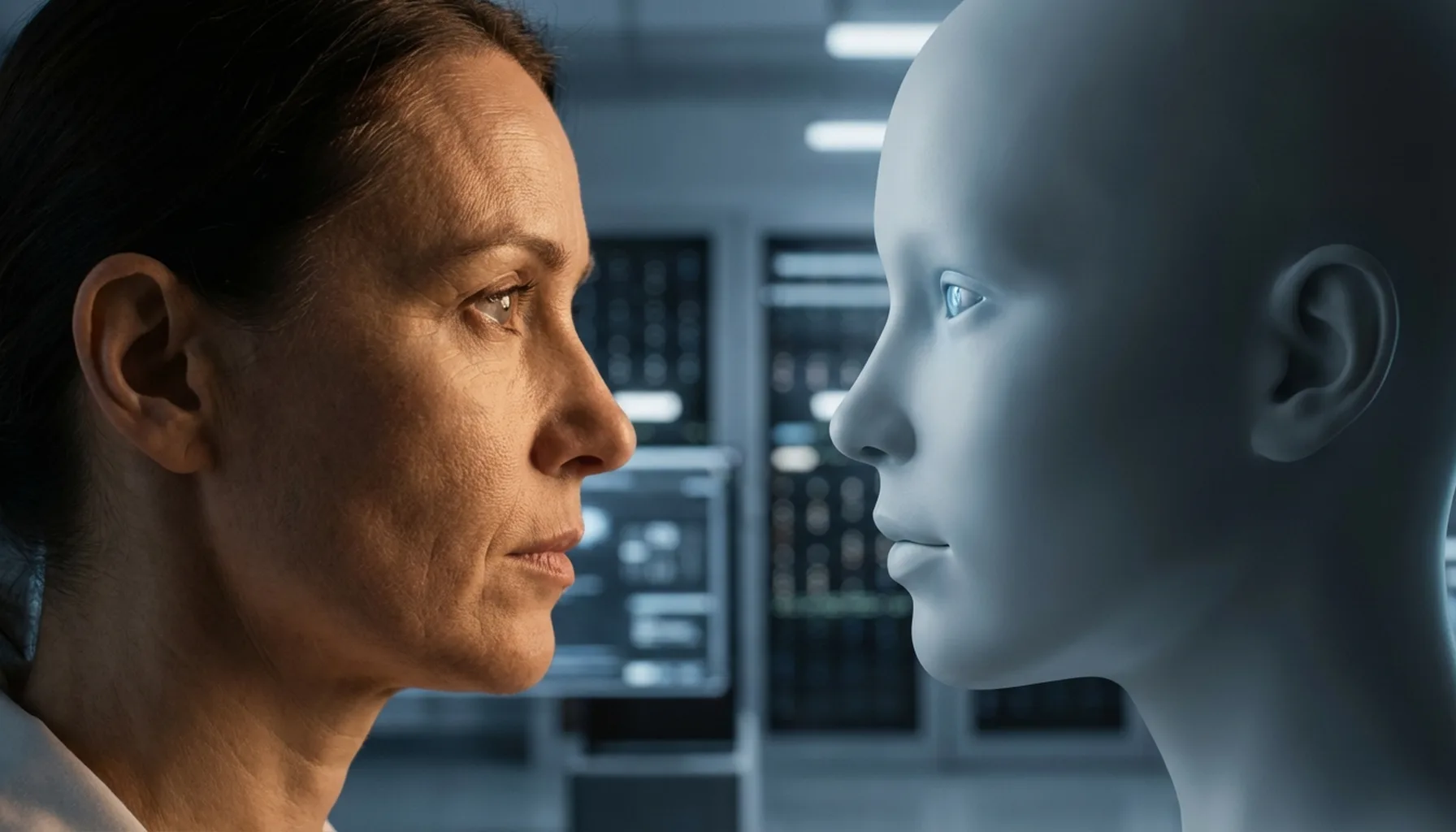 Иллюстрация к статье «AI: интеллект или имитация? Полный разбор технологии, которая изменит мир» — Женщина славянской внешности, ученый или инженер, всматрив…