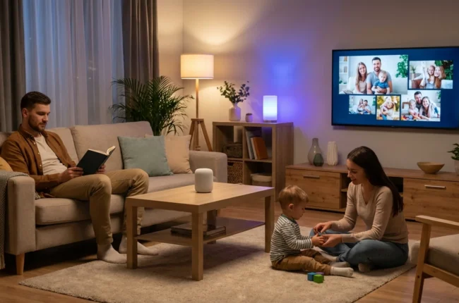 Иллюстрация к статье «AI-помощники в каждом доме: от умных колонок до персонализированных рекомендаций» — Молодая славянская семья — мужчина, женщина и ребен…