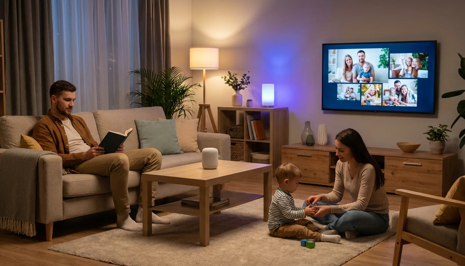 Иллюстрация к статье «AI-помощники в каждом доме: от умных колонок до персонализированных рекомендаций» — Молодая славянская семья — мужчина, женщина и ребен…