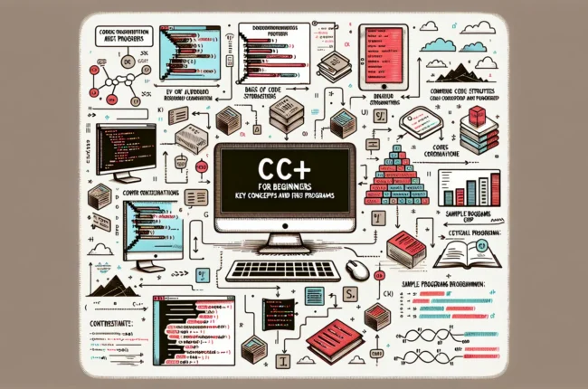 Иллюстрация к статье «C++ для начинающих: ключевые понятия и первые программы» — молодой человек славянской внешности за ноутбуком, изучает C++, уютное совре…