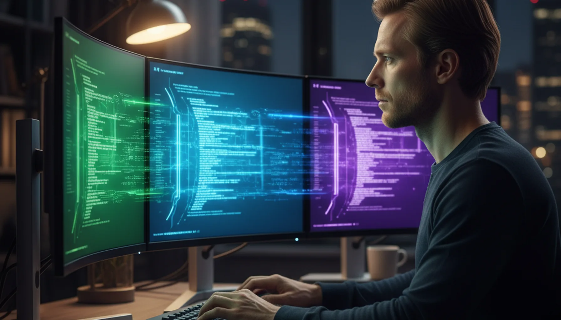 Иллюстрация к статье «ChatGPT, Claude или Copilot? Сравнение лучших AI для написания кода» — A focused professional male programmer with Slavic appearance (l…