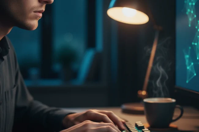 Иллюстрация к статье «Gemini CLI в терминале: Простая инструкция по установке через Homebrew» — A focused young developer with Slavic (Eastern European) feat…