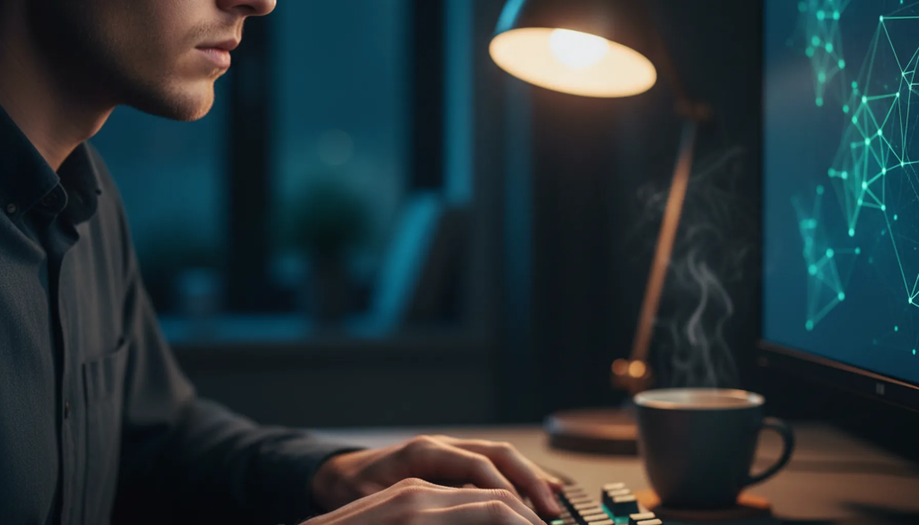 Иллюстрация к статье «Gemini CLI в терминале: Простая инструкция по установке через Homebrew» — A focused young developer with Slavic (Eastern European) feat…