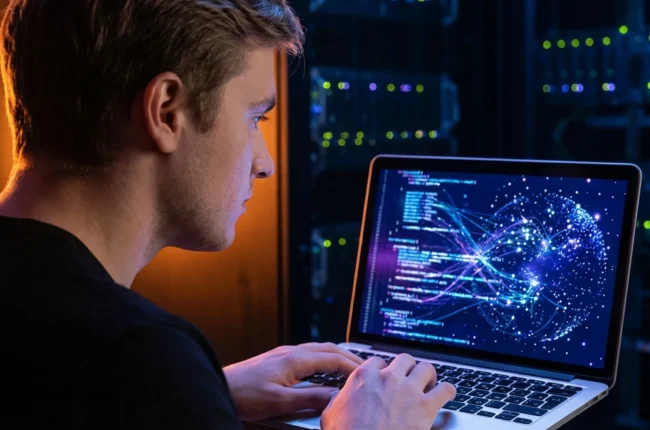 Иллюстрация к статье «Gemini CLI на Ubuntu: Быстрый старт и основные команды установки» — A focused young male software engineer with Slavic facial features …
