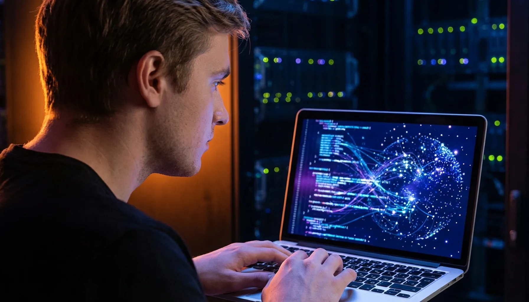 Иллюстрация к статье «Gemini CLI на Ubuntu: Быстрый старт и основные команды установки» — A focused young male software engineer with Slavic facial features …
