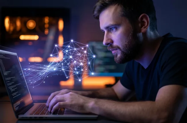 Иллюстрация к статье «Gemini в терминале Linux: Пошаговая установка CLI на Ubuntu с помощью npm» — Молодой IT-специалист славянской внешности (восточно-европ…