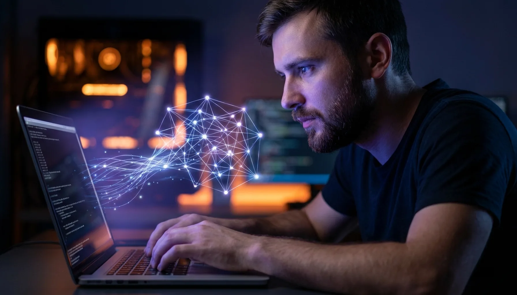 Иллюстрация к статье «Gemini в терминале Linux: Пошаговая установка CLI на Ubuntu с помощью npm» — Молодой IT-специалист славянской внешности (восточно-европ…