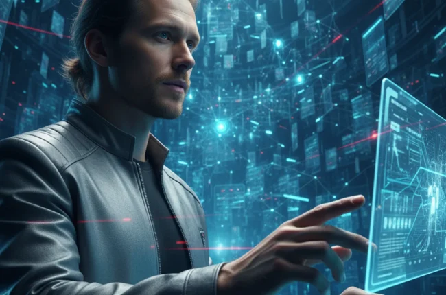 Иллюстрация к статье «Kimi AI: Полный обзор китайской нейросети с контекстом в 2 миллиона токенов» — A professional researcher of Slavic appearance (Eastern …