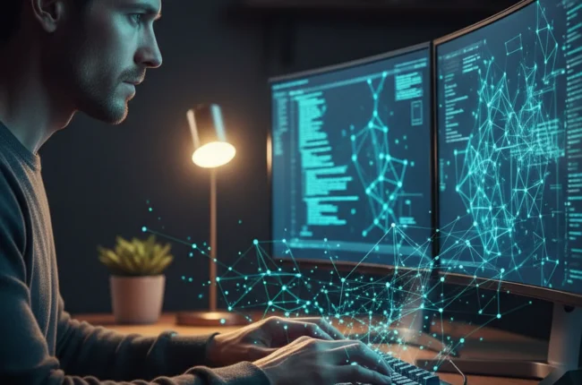 Иллюстрация к статье «Kimi AI в командной строке: пошаговая установка CLI и настройка доступа по API» — A focused software developer with Slavic appearance (…