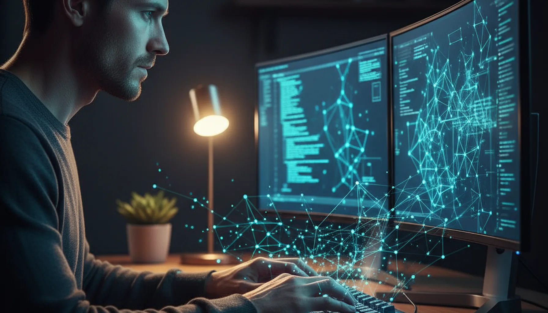 Иллюстрация к статье «Kimi AI в командной строке: пошаговая установка CLI и настройка доступа по API» — A focused software developer with Slavic appearance (…