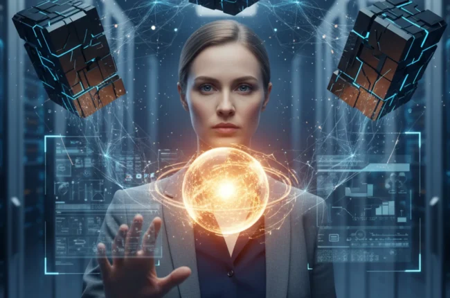 Иллюстрация к статье «Kimi AI против гигантов: Большое сравнение с Gemini 3.0, GPT 5.2 и Opus 4.5» — A professional data analyst with Slavic appearance (fair…