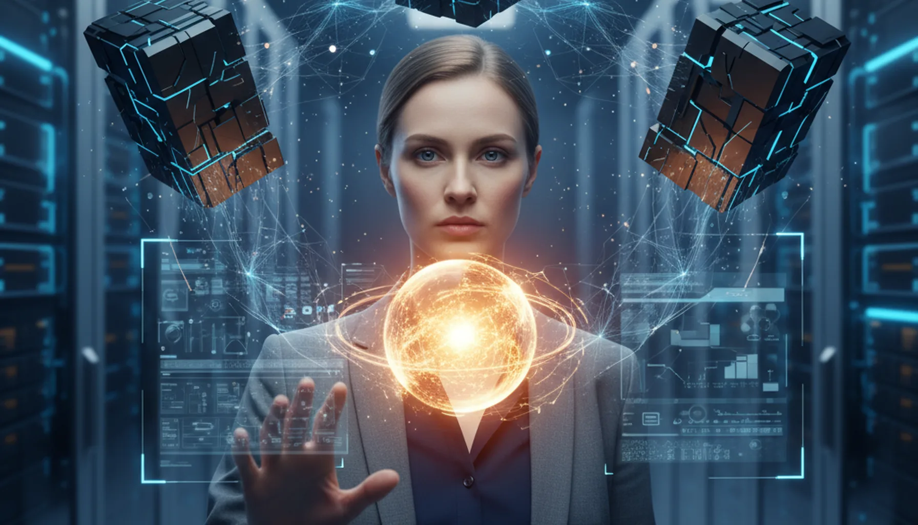 Иллюстрация к статье «Kimi AI против гигантов: Большое сравнение с Gemini 3.0, GPT 5.2 и Opus 4.5» — A professional data analyst with Slavic appearance (fair…