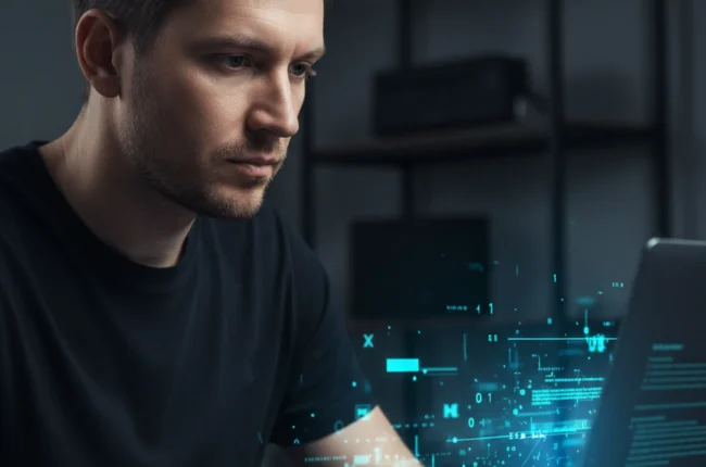 Иллюстрация к статье «Kimi CLI для разработчиков: установка и настройка с нуля» — A focused male developer with Slavic appearance (Eastern European features)…