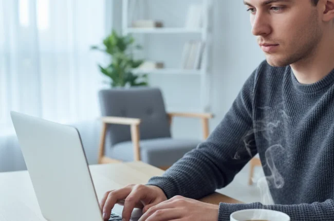 Иллюстрация к статье «Kimi CLI на macOS: Быстрая установка с помощью Homebrew за 5 минут» — A young professional developer of Slavic appearance sitting at a …