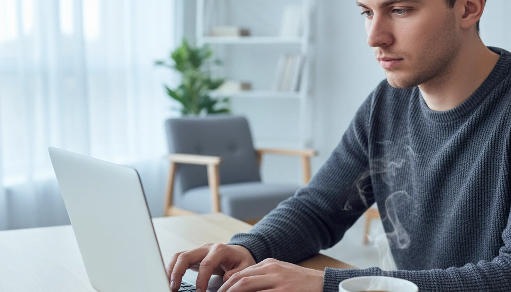 Иллюстрация к статье «Kimi CLI на macOS: Быстрая установка с помощью Homebrew за 5 минут» — A young professional developer of Slavic appearance sitting at a …