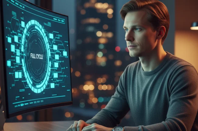 Иллюстрация к статье «Manus AI: Полный цикл веб-разработки — от создания сайта до администрирования по расписанию» — A professional male developer with Slavi…