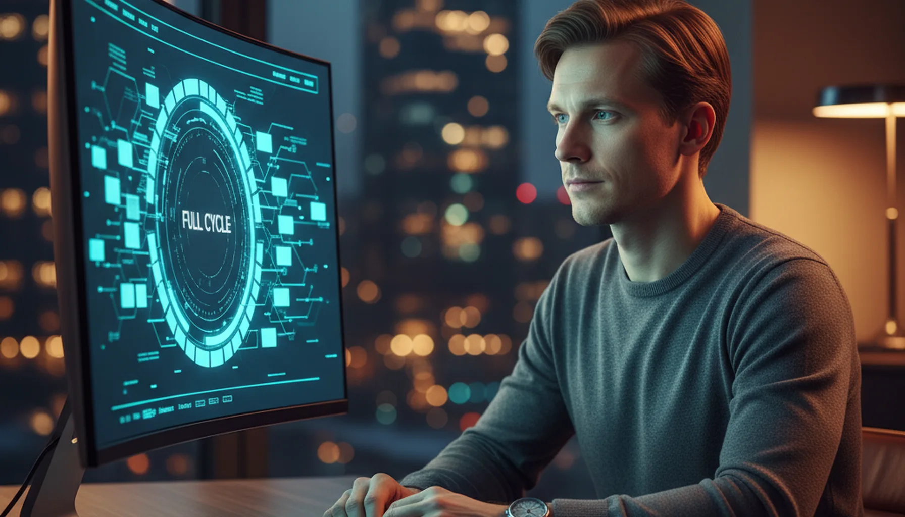 Иллюстрация к статье «Manus AI: Полный цикл веб-разработки — от создания сайта до администрирования по расписанию» — A professional male developer with Slavi…