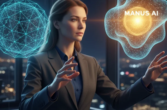 Иллюстрация к статье «Manus AI против аналогов: Честный обзор возможностей и скрытых преимуществ» — A focused professional analyst with Slavic facial feature…