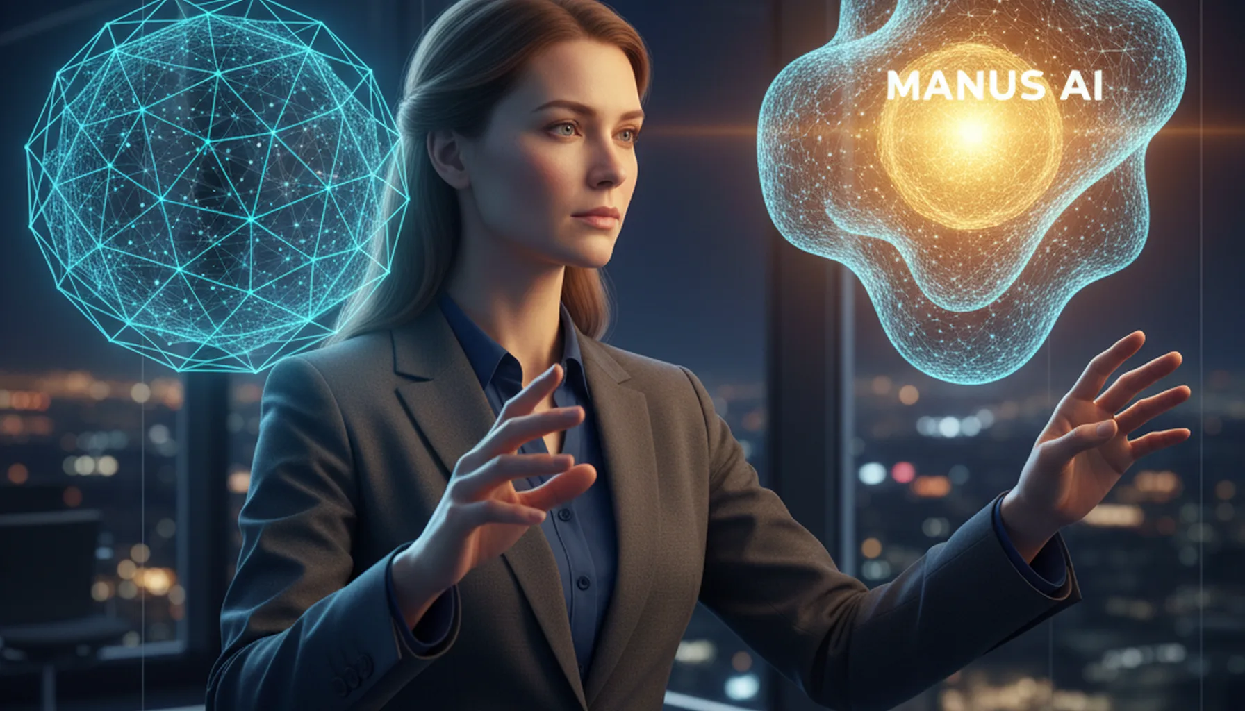 Иллюстрация к статье «Manus AI против аналогов: Честный обзор возможностей и скрытых преимуществ» — A focused professional analyst with Slavic facial feature…