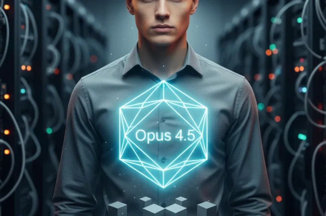 Иллюстрация к статье «Opus 4.5 против всех: полный разбор новинки и сравнение с конкурентами» — Молодой IT-аналитик славянской внешности (светло-русые волосы…