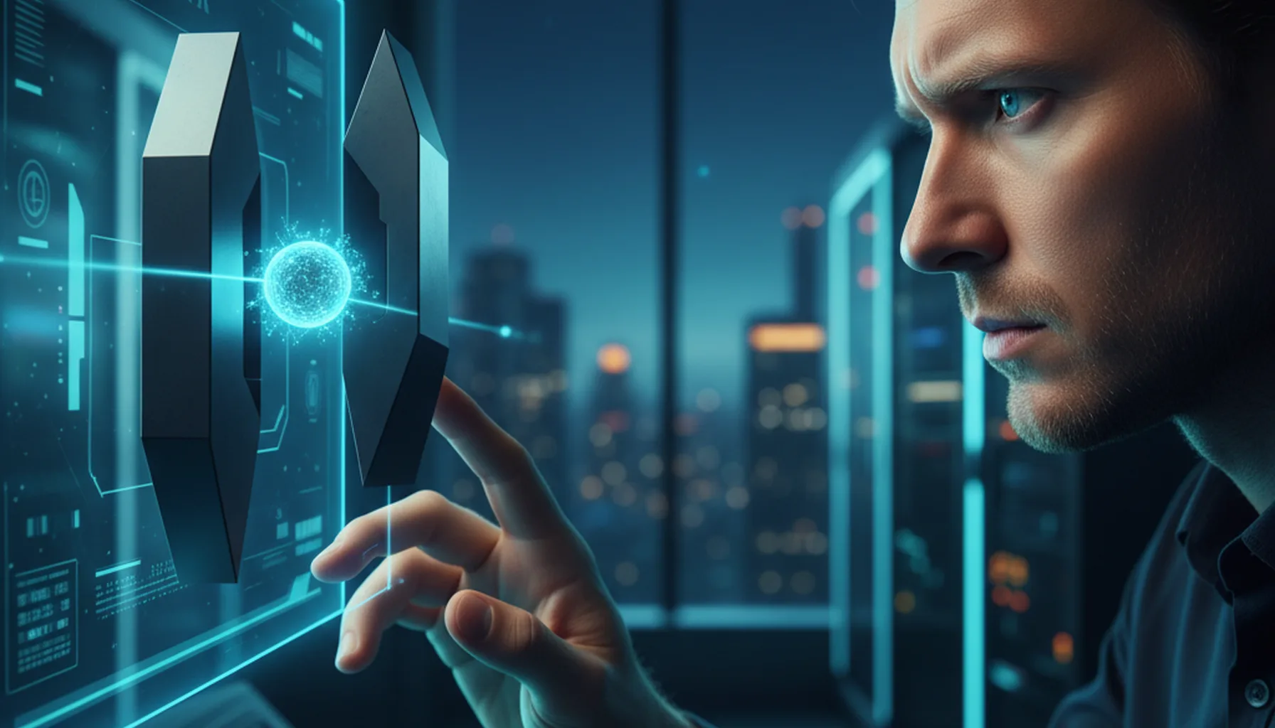 Иллюстрация к статье «Perplexity AI против гигантов: Сравнение, плюсы, минусы и вердикт» — A focused professional analyst with Slavic appearance (Eastern Eur…