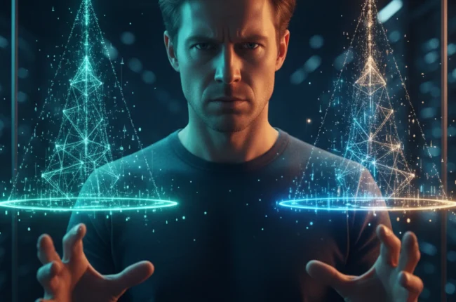 Иллюстрация к статье «Perplexity или ChatGPT? Полный разбор возможностей и тест конкурентов» — A focused modern professional with Slavic features (Eastern Eu…