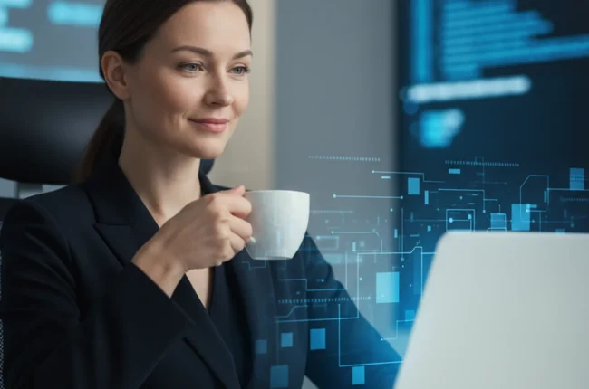 Иллюстрация к статье «Администрирование сайта на автопилоте: Возможности Manus AI и примеры внедрения» — A professional web administrator with Slavic appeara…