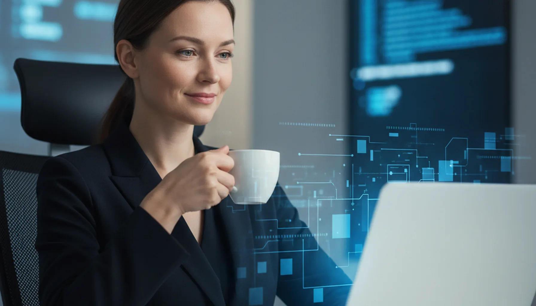 Иллюстрация к статье «Администрирование сайта на автопилоте: Возможности Manus AI и примеры внедрения» — A professional web administrator with Slavic appeara…