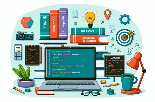 Иллюстрация к статье «Азы PHP: что нужно знать перед первым проектом» — молодой человек славянской внешности сидит за рабочим столом с ноутбуком, на экране о…