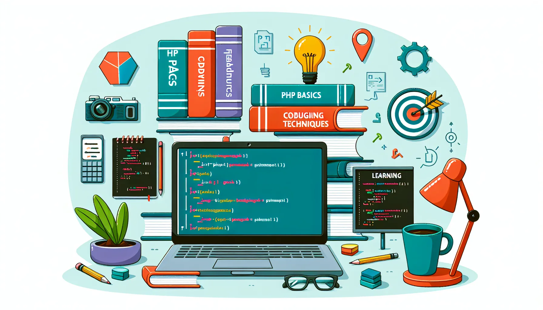 Иллюстрация к статье «Азы PHP: что нужно знать перед первым проектом» — молодой человек славянской внешности сидит за рабочим столом с ноутбуком, на экране о…