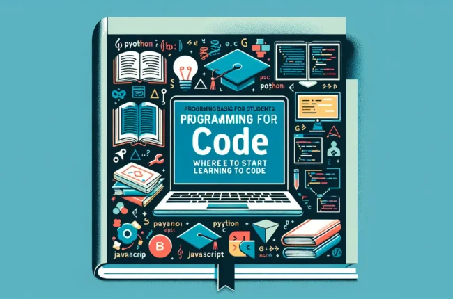 Иллюстрация к статье «Азы программирования для студентов: с чего начать обучение коду» — молодой студент славянской внешности сидит за ноутбуком, изучает осн…