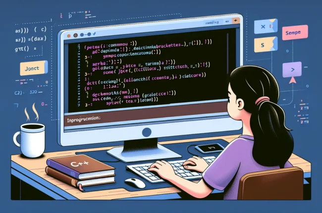 Иллюстрация к статье «Азы программирования на C++: с чего начать новичку» — молодой человек со славянской внешностью сидит за столом с ноутбуком, на экране о…