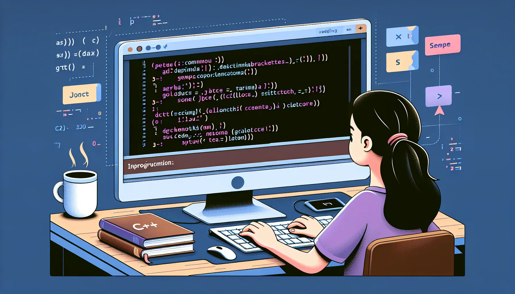 Иллюстрация к статье «Азы программирования на C++: с чего начать новичку» — молодой человек со славянской внешностью сидит за столом с ноутбуком, на экране о…
