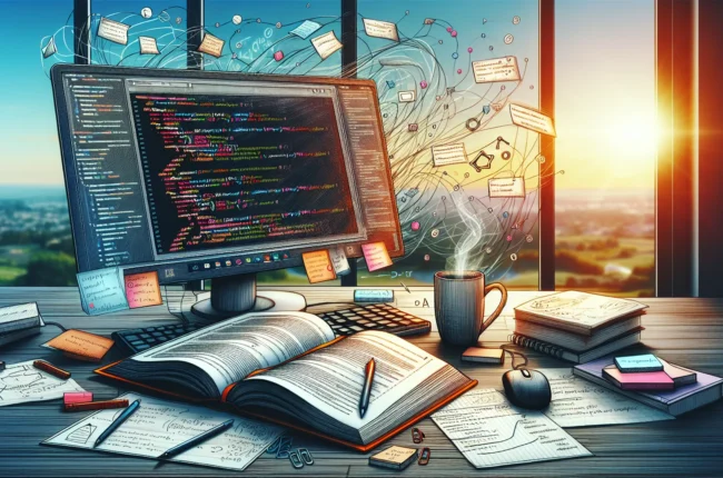 Иллюстрация к статье «Азы программирования на PHP: пошаговое обучение для старта карьеры разработчика» — молодой человек славянской внешности, сосредоточенно…