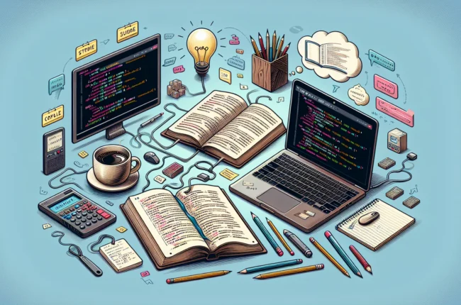 Иллюстрация к статье «Азы программирования: с чего начать путь в кодинг» — молодой человек славянской внешности за ноутбуком, изучает основы программирования…