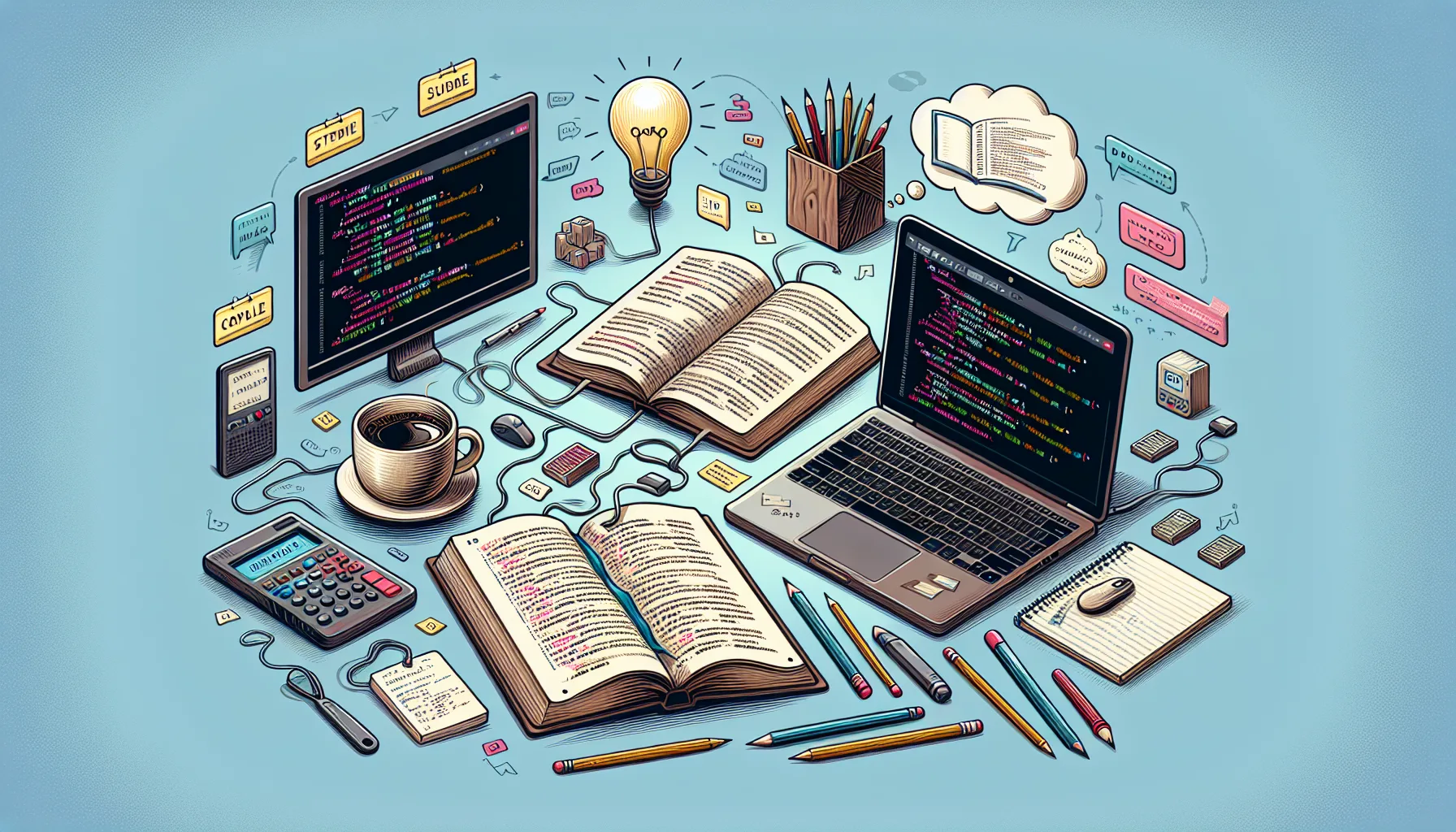 Иллюстрация к статье «Азы программирования: с чего начать путь в кодинг» — молодой человек славянской внешности за ноутбуком, изучает основы программирования…