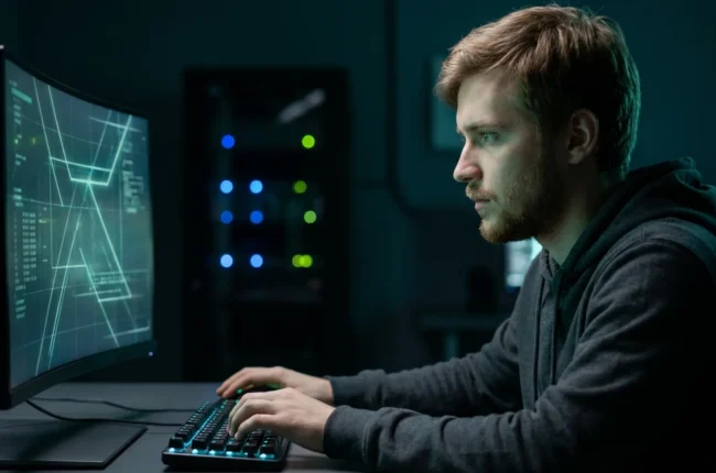 Иллюстрация к статье «Базовые команды Linux, которые должен знать каждый: От навигации до прав доступа» — Молодой IT-специалист славянской внешности (светлая…