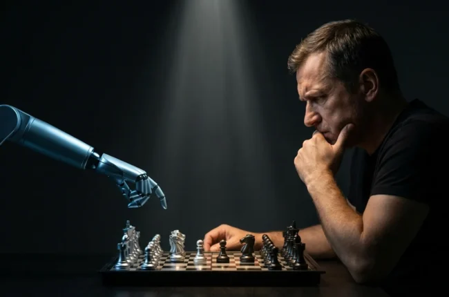 Иллюстрация к статье «Битва за 64 Клетки: Сможет ли Человек Снова Победить Искусственный Интеллект в Шахматах?» — Мужчина славянской внешности, средних лет, …