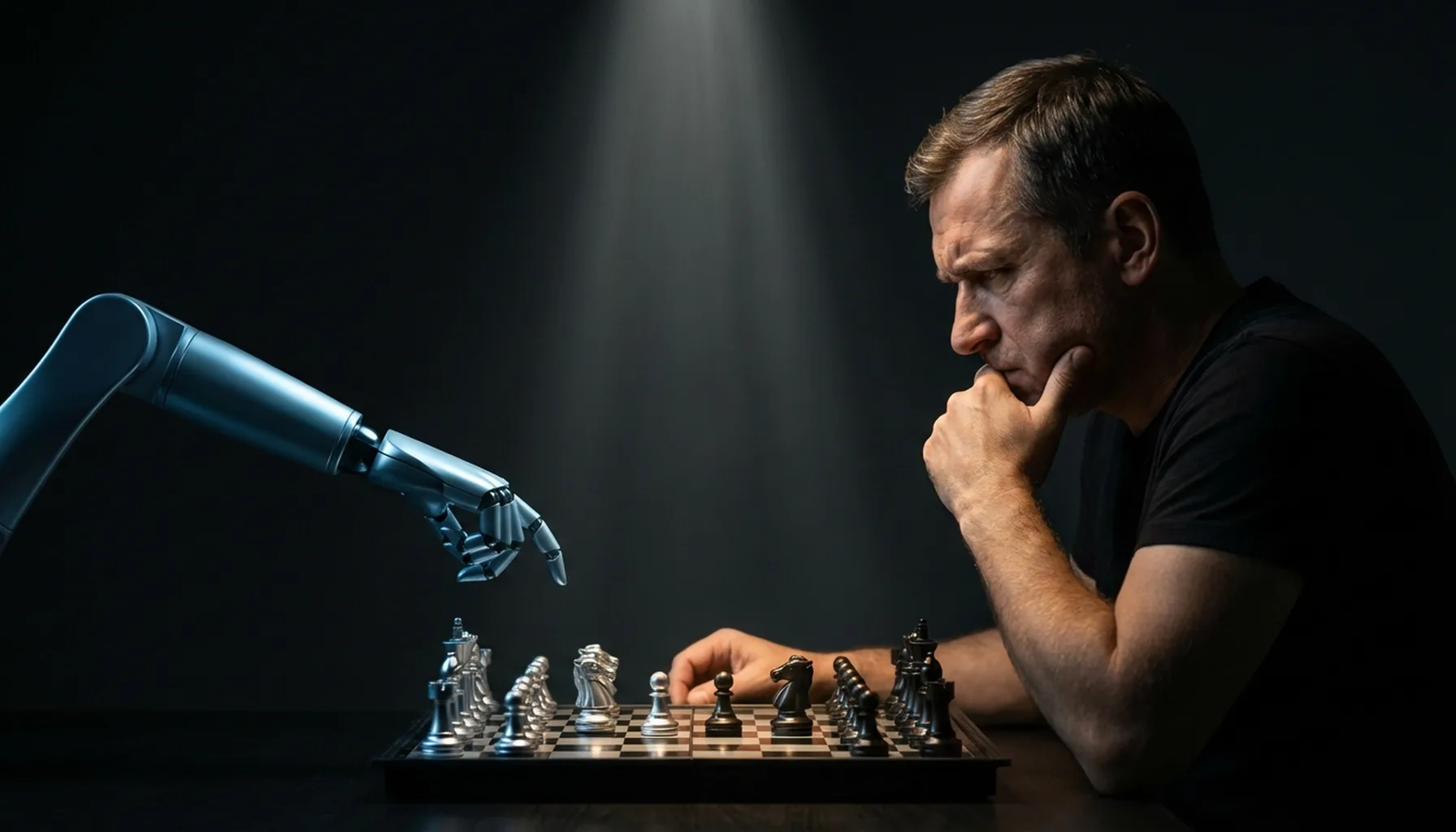 Иллюстрация к статье «Битва за 64 Клетки: Сможет ли Человек Снова Победить Искусственный Интеллект в Шахматах?» — Мужчина славянской внешности, средних лет, …