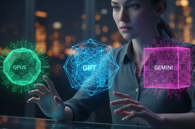 Иллюстрация к статье «Битва нейросетей: Сравнение Opus 4.5, GPT 5.2 и Gemini 3.0 в реальных задачах» — A focused data scientist with Slavic features (Eastern…